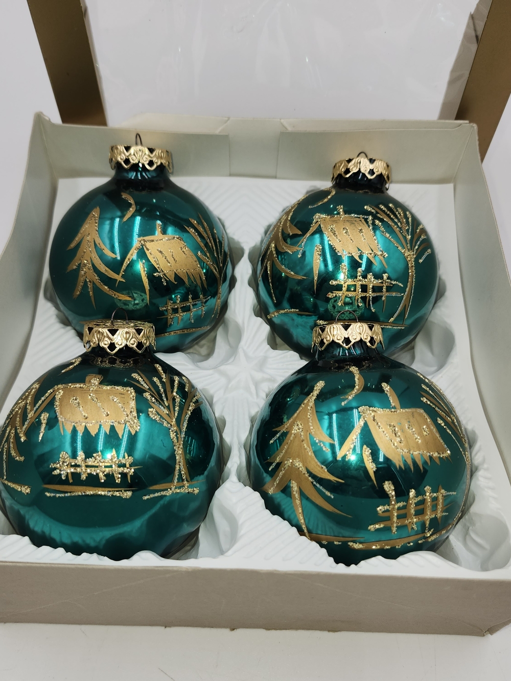 4 VINTAGE MERCURY GLASS Green Gold Cabin CHRISTMAS BALL ORNAMENT -EAST GERMANY